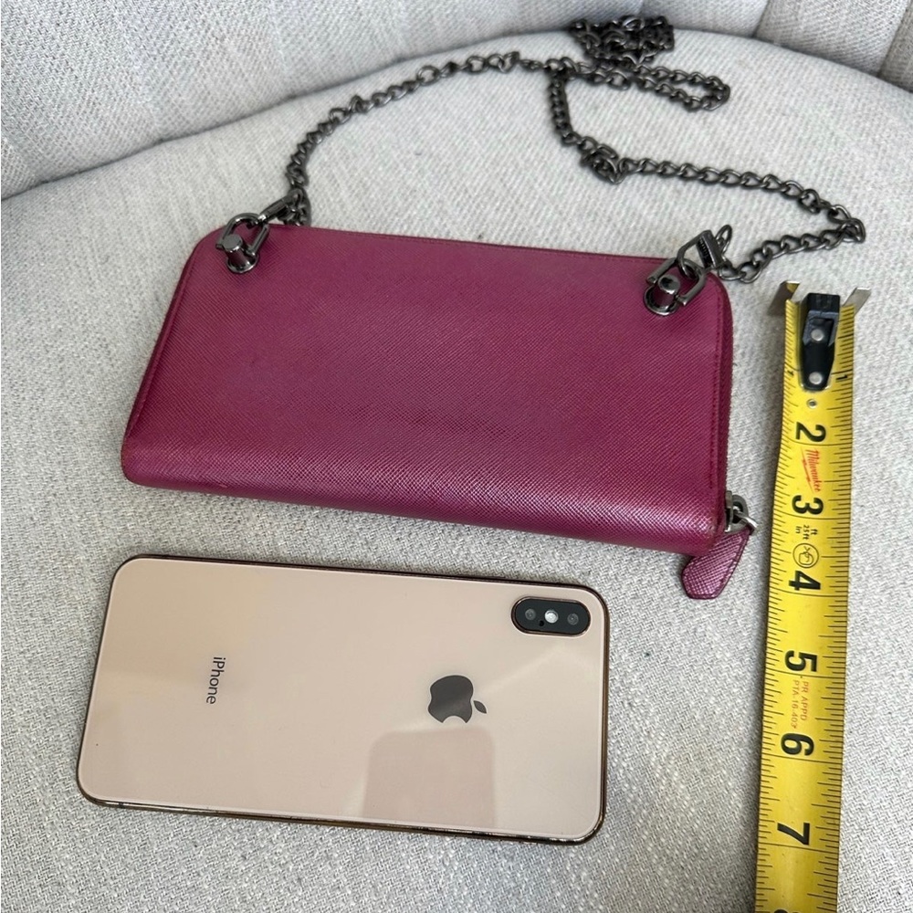 PRADA Logo Magenta Pink Saffiano Leather Zippered Wallet on Chain - Picture 10 of 11